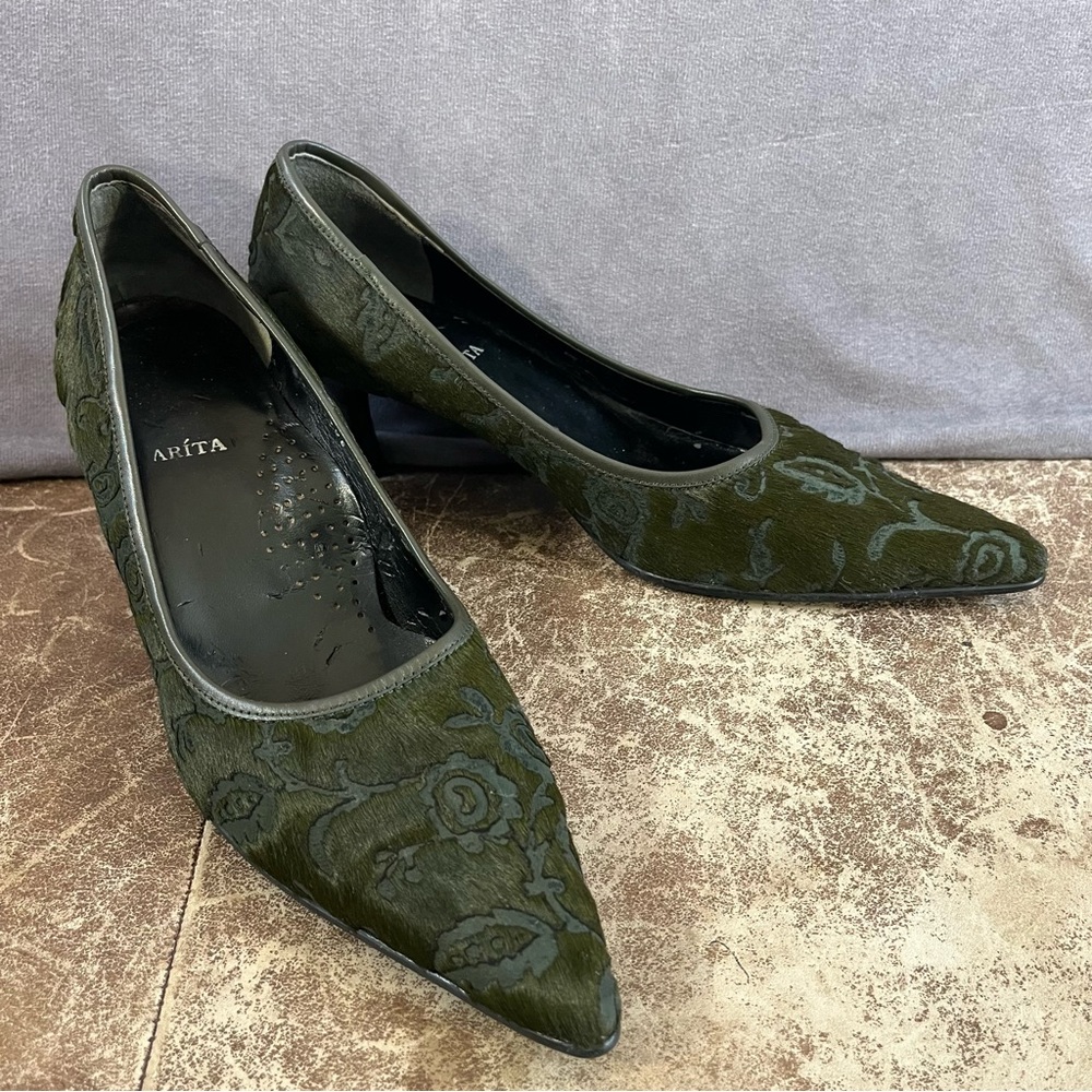 Arita Heel Women 7 Green Floral Horse Hair Victorian Goth Pumps Whimsigoth Shoes